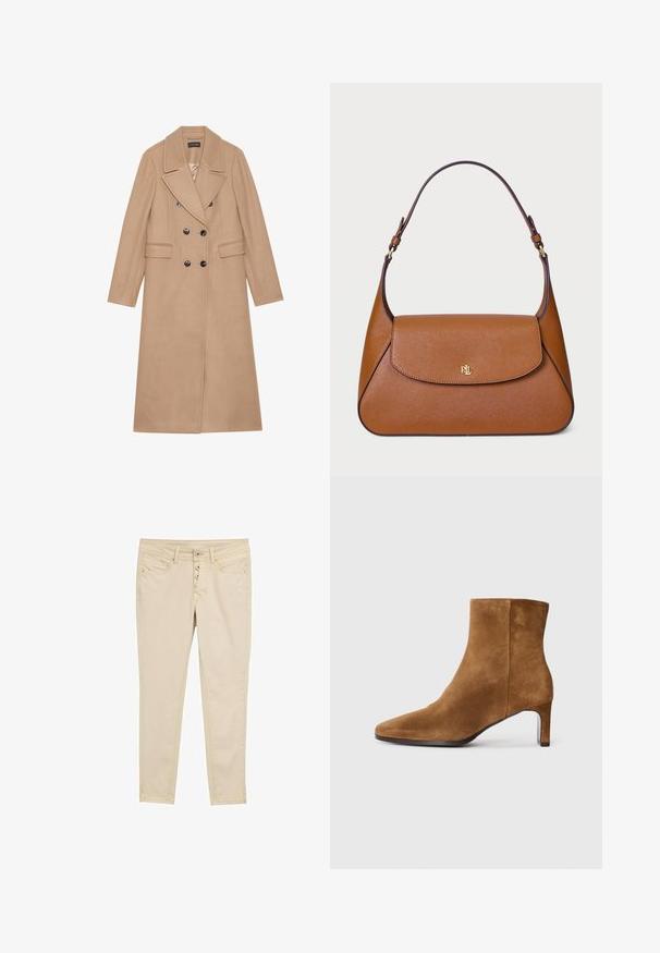 Bež kaput na dvostruko zatvaranje s rever kragnom, izrađen od mekanog materijala. Ima crne gumbe i dva prednja džepa. Dugi rukavi.; Bež džemper s visokim ovratnikom napravljen od mekanog pletiva, s dugim rukavima i suptilnim logotipom branda na prsima. Rebrasti rubovi na rukavima i donjem dijelu.; Bež pamukove uske traperice s pet dugmadi, prednjim džepovima i suptilnim detaljima šivanja. Glatka tekstura i prilagođeni dizajn.; Smeđi antilop čizme do gležnja s šiljastim vrhom i tankim srednje visokim potpeticama, bočni pogled na jednobojnoj bijeloj pozadini.; Smeđa kožna torba s strukturiranim dizajnom, ravnim poklopcem i jednim zakrivljenim remenom. Sadrži zlatne elemente s utisnutim logotipom.