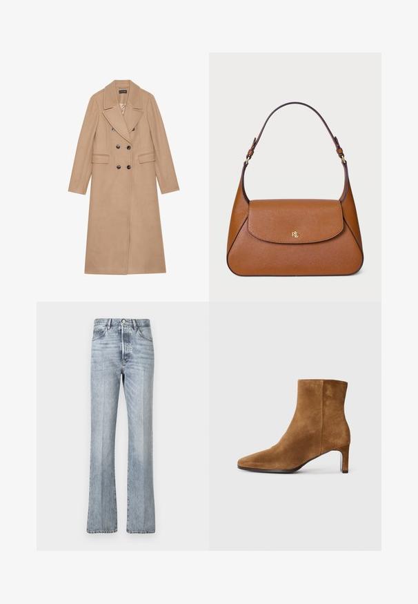Manteau beige croisé avec un col à revers, fabriqué dans un tissu doux. Présente des boutons noirs et deux poches avant. Design à manches longues.; Pull à col roulé beige en tricot doux, avec des manches longues et un logo de la marque discret sur la poitrine. Poignets et ourlet côtelés.; Jean en denim bleu clair avec un design à jambe évasée, taille haute, poches avant et décoloration subtile. Fermeture à bouton et zip standard.; Bottine en daim marron avec un bout pointu et un talon moyen slim, vue de côté sur fond blanc uni.; Sac à main en cuir marron au design structuré, avec un rabat plat en haut et une seule anse incurvée. Équipé de quincaillerie dorée avec un logo en relief.