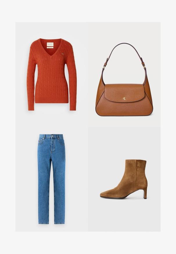 Beige, double-breasted coat with a notched collar, made of a soft fabric. Features black buttons and two front pockets. Long-sleeved design.; Red cable-knit sweater with a V-neck and long sleeves. Features ribbed cuffs and hem, and a small logo on the left chest.; Denim jeans in medium blue with a straight cut, five pockets, a button fly, and light fading on the fabric for subtle texture variation.; Brown suede ankle boot with pointed toe and slim mid-height heel, side view on plain white background.; Brown leather handbag with a structured design, a flat top flap, and a single curved strap. Features gold hardware with embossed logo.