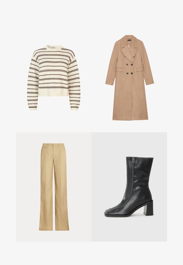 Beige, dubbelknäppt kappa med slagkrage, tillverkad av ett mjukt material. Har svarta knappar och två framfickor. Långärmad design.; Ljust beige tröja med mörkbruna horisontella ränder. Har en rund halsringning och ribbade muddar och nederkant. Mjuk textur, kort skuren passform.; Beiga vida byxorna gjorda av mjuk bomull, med en klassisk midjeband och bakficka, med rak passform och minimal detaljering.; Svart läderankelboot med fyrkantig tå, sidodragkedja och kraftig, fyrkantig klack. Har kontrasterande sömmar längs framseam.