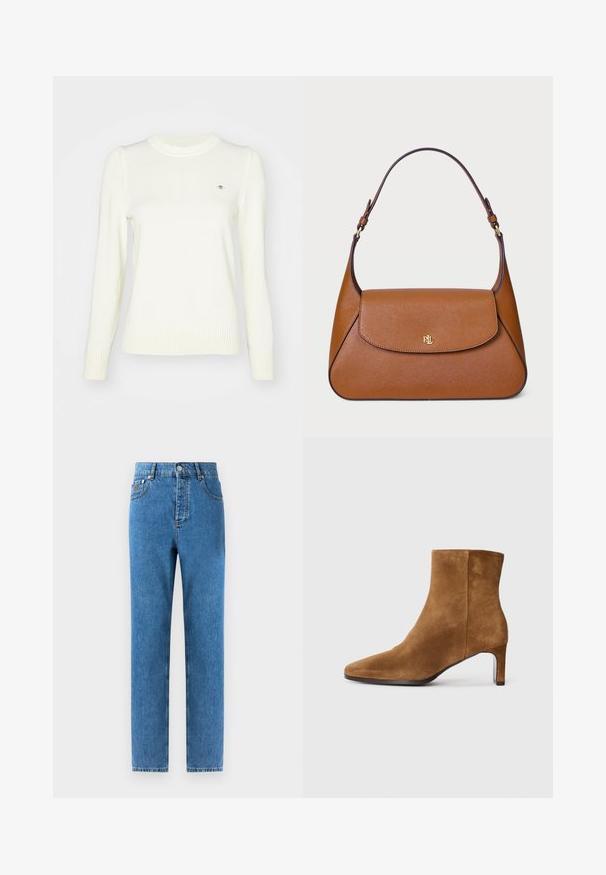 Beige, dupla gombos kabát, élekkel, puha anyagból készült. Fekete gombokkal és két elülső zsebbel rendelkezik. Hosszú ujjak jellemzik.; Világos krémszínű pulóver, kötött textúrával, kerek nyakkivágással, hosszú ujjakkal, bordás mandzsettákkal és aljjal. Diszkrét logó részlet a mellrészen.; Középkék farmernadrág, egyenes szabással, öt zsebbel, gombos zipzárral, és enyhe kopással az anyagon a finom textúraváltozatosság érdekében.; Barna velúr bokacsizma hegyes orral és vékony, közepes magas sarkal, oldalnézetben, sima fehér háttéren.; Barna bőr kézitáska, strukturált dizájnnal, lapos fedéllel és egyetlen ívelt pánttal. Arany színű fémrészekkel és dombornyomott logóval rendelkezik.