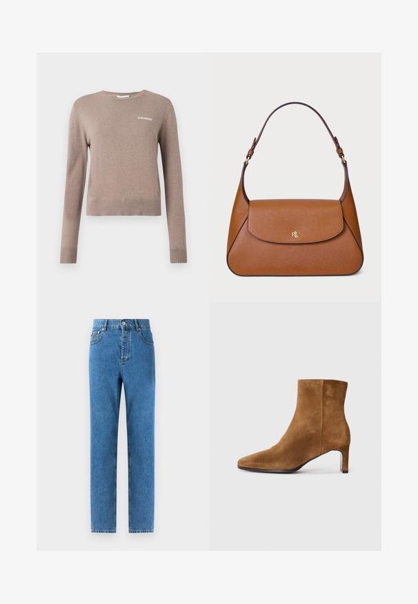 Cămașă bej, cu guler cu urechi, dintr-un material moale, cu două rânduri de nasturi negri și două buzunare în față. Design cu mâneci lungi.; Pulover bej din tricot cu mâneci lungi, decolteu rotund și manșete cu model în relief. Are broderie albă mică cu textul "2ND DAY" pe față.; Jeans din denim de culoare albastru mediu, cu croială dreaptă, cinci buzunare, închidere cu nasture și o ușoară decolorare a țesăturii pentru o variație subtilă a texturii.; Botină din suede maro, cu vârf ascuțit și toc subțire de înălțime medie, văzută din lateral pe un fundal alb simplu.; Geantă de mână din piele maro cu un design structurat, o clapetă superioară plată și o curea curbă unică. Dispune de accesorii aurii cu logo embosat.