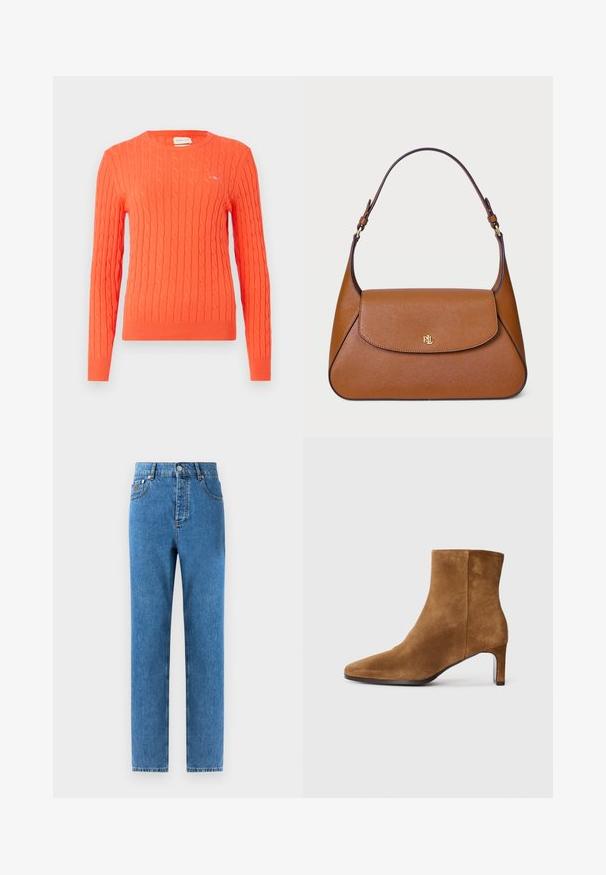 Bež plašč z dvojnim zapenjanjem in ovratnikom, izdelan iz mehke tkanine. Ima črne gumbe in dva sprednja žepa. Z dolgimi rokavi.; Oranžni pleteni pulover s kabelskim vzorcem, okroglo izrezanino in rebrastimi manšetami. Ima majhen logo na prsih.; Denim kavbojke v srednji modri barvi s ravnim krojem, petimi žepi, gumbom za zapiranje in svetlimi madeži na tkanini za subtilno variacijo teksture.; Rjave semiš gležnjarji s konicami in oprsjem srednje višine, stranski pogled na enobarvno belo ozadje.; Rjava usnjena torbica s strukturirano zasnovo, ravno zgornjo pokrovko in eno ukrivljeno naramnico. Ima zlato strojno opremo z odtisnjenim logotipom.