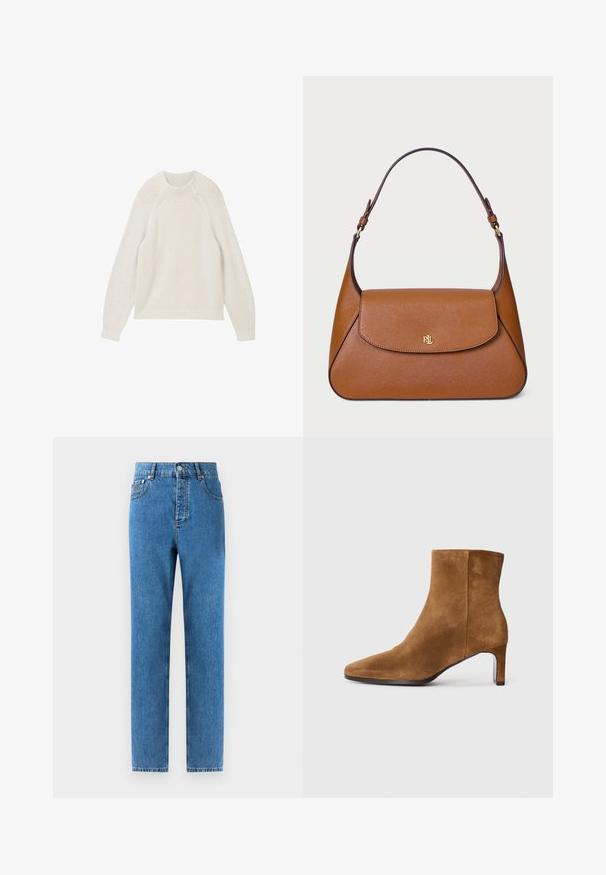 Beige, dupla gombos kabát, élekkel, puha anyagból készült. Fekete gombokkal és két elülső zsebbel rendelkezik. Hosszú ujjak jellemzik.; Világos bézs bordázott pulóver hosszú ujjal, kerek nyakkivágással és finom textúrájú mintával. Puha anyag, laza szabással és látható hardver nélkül.; Középkék farmernadrág, egyenes szabással, öt zsebbel, gombos zipzárral, és enyhe kopással az anyagon a finom textúraváltozatosság érdekében.; Barna velúr bokacsizma hegyes orral és vékony, közepes magas sarkal, oldalnézetben, sima fehér háttéren.; Barna bőr kézitáska, strukturált dizájnnal, lapos fedéllel és egyetlen ívelt pánttal. Arany színű fémrészekkel és dombornyomott logóval rendelkezik.