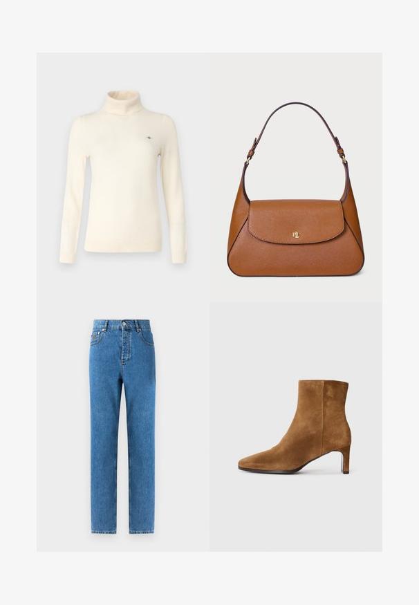 Bež plašč z dvojnim zapenjanjem in ovratnikom, izdelan iz mehke tkanine. Ima črne gumbe in dva sprednja žepa. Z dolgimi rokavi.; Kremni pulover s štirimi vratnimi izrezi, izdelan iz mehkega pletenega materiala. Ima dolge rokave, oprijet kroj in majhen logotip na prsih.; Denim kavbojke v srednji modri barvi s ravnim krojem, petimi žepi, gumbom za zapiranje in svetlimi madeži na tkanini za subtilno variacijo teksture.; Rjave semiš gležnjarji s konicami in oprsjem srednje višine, stranski pogled na enobarvno belo ozadje.; Rjava usnjena torbica s strukturirano zasnovo, ravno zgornjo pokrovko in eno ukrivljeno naramnico. Ima zlato strojno opremo z odtisnjenim logotipom.
