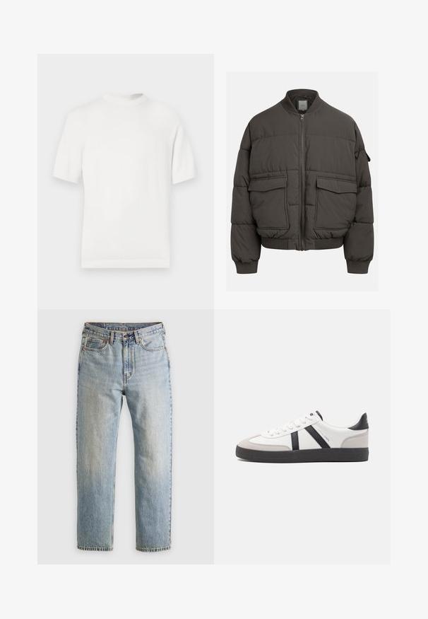 Dunkelgraue Puffjacke mit geripptem Kragen, durchgehendem Reißverschluss und zwei Fronttaschen. Gestepptes Design mit leicht verkürztem Schnitt.; Weißes kurzärmliges Strick-T-Shirt mit rundem Halsausschnitt, das eine glatte Textur und Rippenelemente am Kragen und Saum aufweist.; Helle blaue Jeans mit hoher Taille, Frontknopf, Reißverschluss und fünf Taschen-Design, flach auf einem neutralen Hintergrund ausgelegt.; Weiße Sneaker mit schwarz- und grau-aczenten, ausgestattet mit einer strukturierten grauen Zehenkappe, schwarzer Gummi-Sohle und flachen weißen Schnürsenkeln. Sauberes Design, minimalistische Stil.