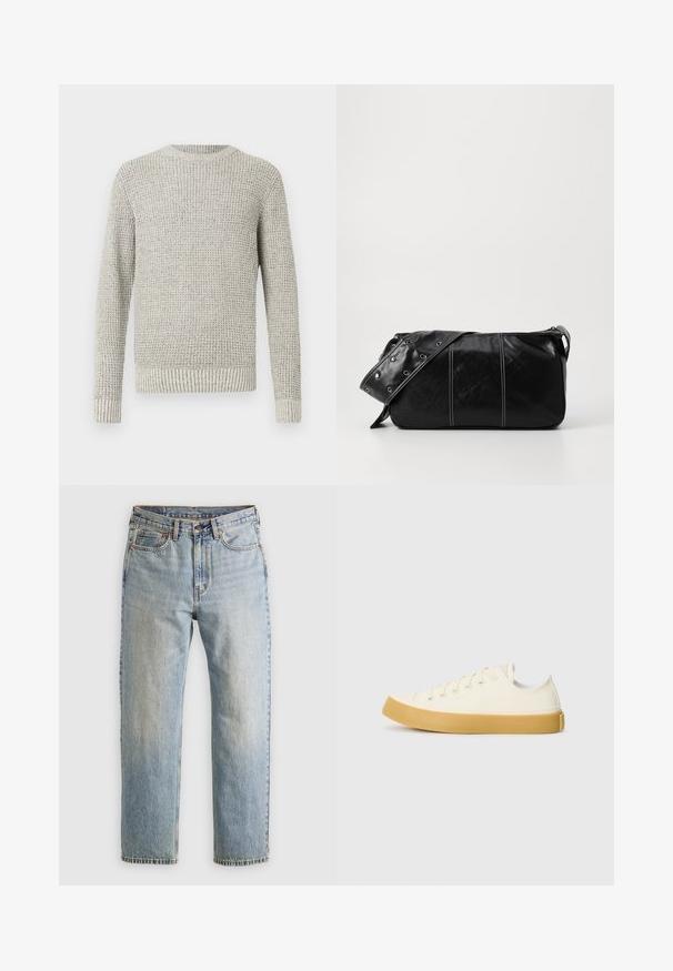 Pufová bunda v tmavě šedé barvě s žebrovaným límcem, plným zipem a dvěma předními kapsami. Prošívaná textura s mírně zkrácenou siluetou.; Světle šedý pletený svetr s texturovaným, žebrovaným vzorem. Má kulatý výstřih a dlouhé rukávy, zakončené žebrovanými manžetami a lemem.; Svetle modré džíny z denimu s vysokým pasem, předním knoflíkem, zipem a designem s pěti kapsami, ležící rovně na neutrálním pozadí.; Plátěné tenisky v krémové barvě s kulatou špičkou, s béžovými gumovými podešvami a pěti očky na tkaničky, texturovaný povrch horní části.; Černá kožená kabelka přes rameno se zapínáním na zip, s texturovaným tělem, bílým prošíváním a popruhem se stříbrnými očky.