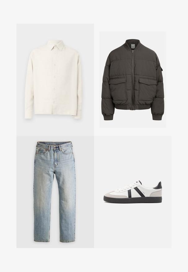 Tikkatakki tummanharmaana, jossa on ribattua kaulaa, täysivetoketju ja kaksi etutaskua. Joustava pinta ja hieman lyhennetty siluetti.; Harmaan beige pitkähihaisessa paidassa on teksturoitu kangas. Siinä on kauluspainike ja suora helma.; Vaaleansininen farkut, joissa on korkea vyötärö, etunappi, vetoketju ja viisi taskua, asetettu tasaisesti neutraalille taustalle.; Valkoiset lenkkarit mustilla ja harmailla yksityiskohdilla, joissa on teksturoitu harmaa kärki, musta kumipohja ja litteät valkoiset nauhat. Siisti muotoilu, minimalistinen tyyli.