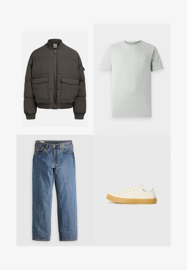 Tumši pelēks pūkains mētelis ar ribotu apkakli, pilnu rāvējslēdzēju un divām priekšējām kabatām. Kvadrātveida struktūra ar nedaudz saīsinātu siluetu.; Gai pelēks īsām piedurknēm T-kreklis ar apaļu kakla izgriezumu, attēlots uz baltas fona, priekšskats bez redzamām logo vai dizainiem.; Zila denima bikses ar taisnu piegriezumu, augstu vidukli, vara kniedēm un oranžiem diegiem. Iekļautas priekšējās un aizmugurējās kabatas.; Kanvasas tenisa apavi ofē un balta krāsā ar apaļu purngali, ar beicu gumijas zole un piecām acīm šņorēšanai, teksturēta virsma augšdaļā.