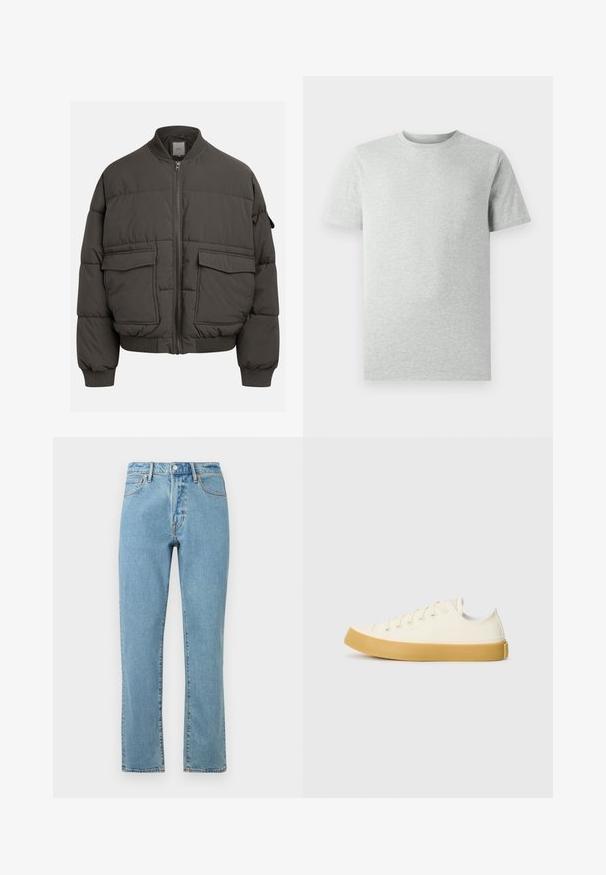 Pufová bunda v tmavošedej farbe s ribovaným golierom, plným zipsom a dvoma prednými vreckami. Prešívaná textúra s mierne skráteným strihom.; Jednoduché svetlošedé tričko s krátkym rukávom a okrúhlym výstrihom, vystavené na bielom pozadí, pohľad z prednej strany bez viditeľných log a dizajnov.; Svetlomodré džíny s rovným strihom, s oranžovým šitím, zapínaním na gombík a klasickým dizajnom s piatimi vreckami.; Plátne tenisky v off-white farbe s okrúhlym špičkou, s béžovými gumovými podrážkami a piatimi dierkami na šnúrky, textúrovaný povrch na hornej časti.