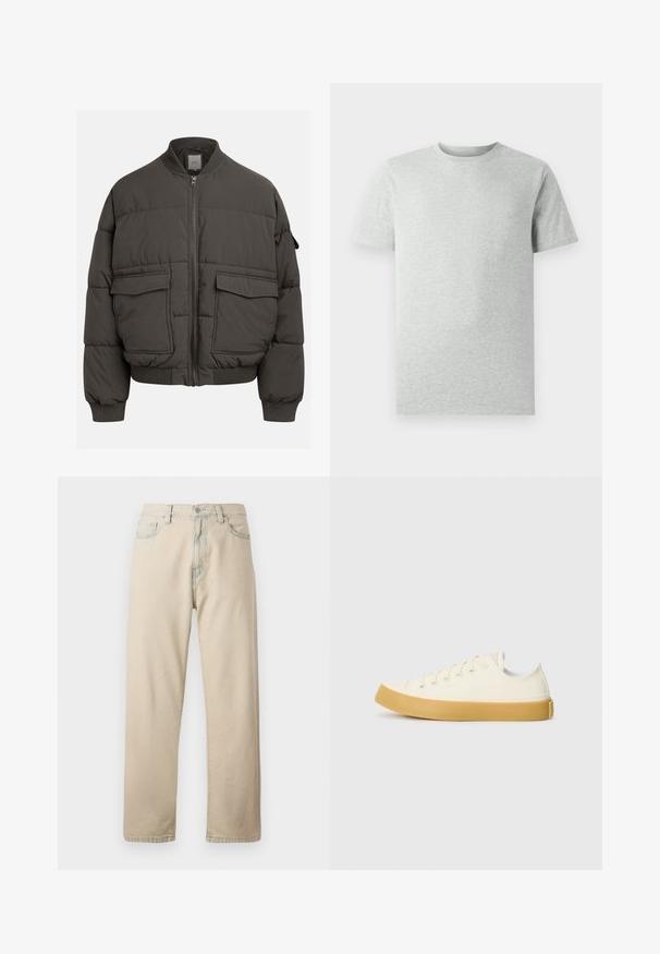 Tumed hallide puhvjakas, millel on ribatud krae, täispikk tõmbluku sulgemine ja kaks esimest taskut. Läbiv õmblustest koosnev tekstuur ning veidi lühendatud siluett.; Ühtlane heledahall lühikeste varrukatega ümmarguse kaelusega T-särk, esiplaanil, valge tausta ees, ilma nähtavate logode või kujunditeta.; Bežist puuvillane denim teksapüksid sirgete jalgadega, viie tasku, vööpaelte ja lukuga إصدارiga. Kergelt kulunud tekstuur ja kontrastõmblused.; Kangasneakerid kreemjas valges, ümmarguse varbaga, beeži kummitaldaga ja viie silmaga paelte jaoks, tekstuurse viimistlusega ülaserv.