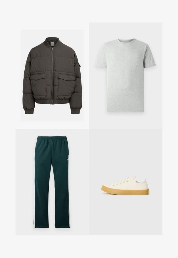 Pufová bunda v tmavě šedé barvě s žebrovaným límcem, plným zipem a dvěma předními kapsami. Prošívaná textura s mírně zkrácenou siluetou.; Jednoduché světle šedé tričko s krátkým rukávem a kulatým výstřihem, vystavené na bílém pozadí, pohled zepředu bez viditelných log nebo designů.; Tmavě zelené tepláky s elastickým pasem a bílými pruhy, které probíhají po vnějších stranách nohavic.; Plátěné tenisky v krémové barvě s kulatou špičkou, s béžovými gumovými podešvami a pěti očky na tkaničky, texturovaný povrch horní části.