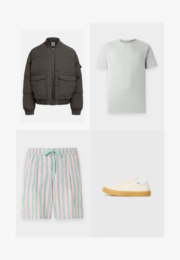 Φουσκωτή ζακέτα σε σκούρο γκρι, με ριμπ λαιμόκοψη, πλήρες φερμουάρ και δύο μπροστινές τσέπες. Με ραφτό σχέδιο και ελαφρώς cropped σιλουέτα.; Απλό ανοιχτό γκρι κοντομάνικο T-shirt με λαιμόκοψη σε λευκό φόντο, μπροστινή όψη χωρίς ορατά λογότυπα ή σχέδια.; Αεράτα καρό σορτς με εναλλασσόμενες κάθετες ρίγες σε τιρκουάζ και ροζ, ελαστική μέση και λεπτομέρεια με ζωνάκι μπροστά.; Καμβάς αθλητικά παπούτσια σε εκρού απόχρωση με στρογγυλή μύτη, διαθέτοντας μπεζ λάστιχα σόλες και πέντε οπές για κορδόνια, με υφή στην επάνω επιφάνεια.