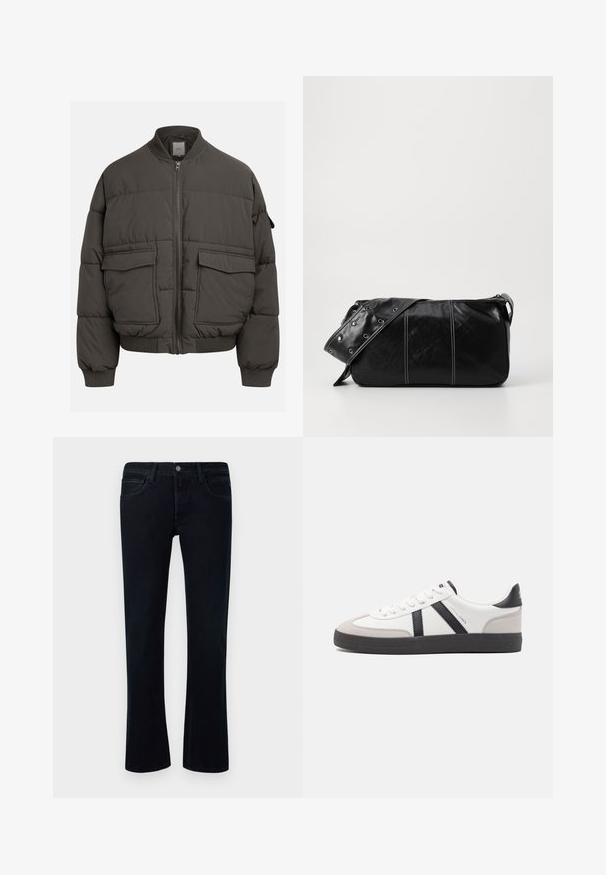 Pufová bunda v tmavě šedé barvě s žebrovaným límcem, plným zipem a dvěma předními kapsami. Prošívaná textura s mírně zkrácenou siluetou.; Jednoduché světle šedé tričko s krátkým rukávem a kulatým výstřihem, vystavené na bílém pozadí, pohled zepředu bez viditelných log nebo designů.; Černé džíny z denimu s mírným rozšířením, design pěti kapes, poutka na pásek a zapínání na knoflík na bílém pozadí.; Bílé tenisky s černými a šedými akcenty, opatřené texturovaným šedým prstovým krytem, černou gumovou podrážkou a plochými bílými tkaničkami. Čistý design, minimalistický styl.; Černá kožená kabelka přes rameno se zapínáním na zip, s texturovaným tělem, bílým prošíváním a popruhem se stříbrnými očky.