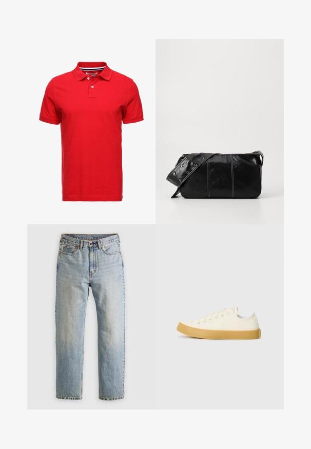 Kurtka puchowa w ciemnoszarym kolorze z prążkowanym kołnierzem, pełnym zamkiem i dwoma przednimi kieszeniami. Pikowana struktura z lekko skróconą sylwetką.; Czerwona bawełniana koszulka polo z kołnierzykiem, z dwoma guzikami oraz paskowanym wnętrzem kołnierza. Krótkie rękawy i standardowy krój.; Jasnoniebieskie dżinsy z wysokim stanem, z guzikiem z przodu, zamkiem błyskawicznym i pięcioma kieszeniami, ułożone na płasko na neutralnym tle.; Płócienne sneakersy w odcieniu ecru z okrągłym noskiem, charakteryzujące się beżowymi gumowymi podeszwami i pięcioma otworami na sznurówki, z teksturowanym wykończeniem cholewy.; Czarna skórzana torba na ramię z zamkiem błyskawicznym, charakteryzująca się teksturowanym korpusem, białymi przeszyciami oraz paskiem z srebrnymi osłonkami.