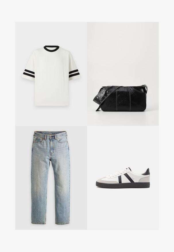 Dunkelgraue Puffjacke mit geripptem Kragen, durchgehendem Reißverschluss und zwei Fronttaschen. Gestepptes Design mit leicht verkürztem Schnitt.; Weißes Sport-T-Shirt mit schwarzem geripptem Rundhalsausschnitt und kurzen Ärmeln, die jeweils zwei schwarze Streifen aufweisen. Glatte Textur, lockere Passform.; Helle blaue Jeans mit hoher Taille, Frontknopf, Reißverschluss und fünf Taschen-Design, flach auf einem neutralen Hintergrund ausgelegt.; Weiße Sneaker mit schwarz- und grau-aczenten, ausgestattet mit einer strukturierten grauen Zehenkappe, schwarzer Gummi-Sohle und flachen weißen Schnürsenkeln. Sauberes Design, minimalistische Stil.; Schwarze Leder Schultertasche mit Reißverschluss, ausgestattet mit einer strukturierten Oberfläche, weißen Nähten und einem Tragegurt mit silbernen Ösen.
