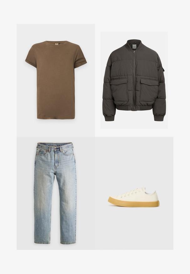 Dunkelgraue Puffjacke mit geripptem Kragen, durchgehendem Reißverschluss und zwei Fronttaschen. Gestepptes Design mit leicht verkürztem Schnitt.; Braunes kurzärmliges Baumwoll-T-Shirt mit rundem Ausschnitt und aufgerollten Ärmeln, auf einem schlichten weißen Hintergrund präsentiert.; Helle blaue Jeans mit hoher Taille, Frontknopf, Reißverschluss und fünf Taschen-Design, flach auf einem neutralen Hintergrund ausgelegt.; Leinensneaker in Off-White mit runder Zehenpartie, ausgestattet mit beigen Gummisohlen und fünf Ösen für Schnürsenkel, mit strukturiertem Finish auf dem Obermaterial.