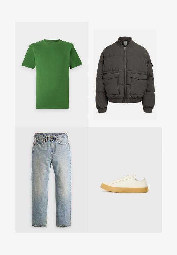 Puffjakke i mørkegrått med ribbet krage, hel glidelås og to frontlommer. Kviltet tekstur med en litt cropped silhuett.; Grønn bomull t-skjorte med rund hals og korte ermer. Glatt tekstur; ingen synlige mønstre eller dekorasjoner.; Lys blå denim jeans med høy midje, frontknapp, glidelås og fem-lommers design, lagt flatt på en nøytral bakgrunn.; Canvas sneakers i off-white med rund tå, med beige gummisåler og fem hull for lisser, strukturert finish på overdelen.