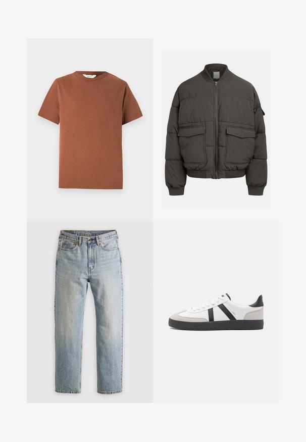 Sötét szürke puffernadrág, bordás gallérral, teljes cipzárral és két elülső zsebbel. Kockázott textúrával és enyhén rövidített szilhouette-val.; Barna, rövid ujjú, kerek nyakú póló, puha pamutból készült, sima dizájnnal, látható minták vagy díszítések nélkül.; Világoskék farmernadrág magas derékkal, elülső gombbal, cipzárral és öt zsebbel, sima háttérre fektetve.; Fehér sneaker fekete és szürke részletekkel, textúrált szürke orr résszel, fekete gumitalppal és lapos fehér fűzőkkel. Tiszta dizájn, minimalista stílus.