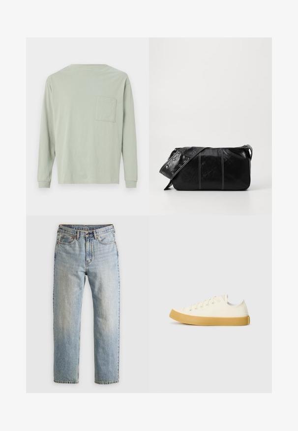 Puffjakke i mørkegrått med ribbet krage, hel glidelås og to frontlommer. Kviltet tekstur med en litt cropped silhuett.; Langermet t-skjorte i lys grønn bomull. Har rund hals og en enkelt brystlomme. Myk tekstur, enkel fasong, og enkelt design.; Lys blå denim jeans med høy midje, frontknapp, glidelås og fem-lommers design, lagt flatt på en nøytral bakgrunn.; Canvas sneakers i off-white med rund tå, med beige gummisåler og fem hull for lisser, strukturert finish på overdelen.; Svart lær skulderveske med glidelås, med teksturert overflate, hvite sømmer og en stropp med sølvringer.