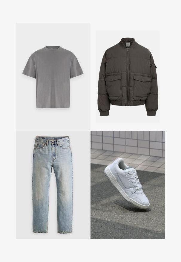 Tumši pelēks pūkains mētelis ar ribotu apkakli, pilnu rāvējslēdzēju un divām priekšējām kabatām. Kvadrātveida struktūra ar nedaudz saīsinātu siluetu.; Pelēks kokvilnas T-krekls ar apaļu apkakli, īsām piedurknēm un brīvu piegriezumu. Gluda tekstūra, bez redzamām rakstu vai akcentu detaļām.; Gai zila denima bikses ar augstu jostasvietu, priekšējo pogu, rāvējslēdzēju un piecu kabatu dizainu, izlīdzinātas uz neitrāla fona.; Baltas ādas sporta apavi ar perforētiem sāniem, teksturētām akcentiem, plakanu šņorēšanu un kontrastējošu pelēku papēdi. Iezīmē nedaudz paaugstinātu zole.