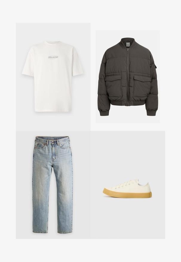 Casaco puffer em cinza escuro com gola canelada, fecho de correr completo e dois bolsos frontais. Textura acolchoada com uma silhueta ligeiramente encurtada.; Camiseta de algodão branca com gola redonda e mangas curtas, apresentando um pequeno logótipo cinza "HOLLISTER" centrado no peito.; Jeans de ganga azul claro com cintura alta, fecho frontal, zipper e design de cinco bolsos, dispostos de forma plana sobre um fundo neutro.; Sapatilhas de tela em off-white com biqueira redonda, apresentando solas de borracha bege e cinco ilhós para atacadores, acabamento texturizado na parte superior.