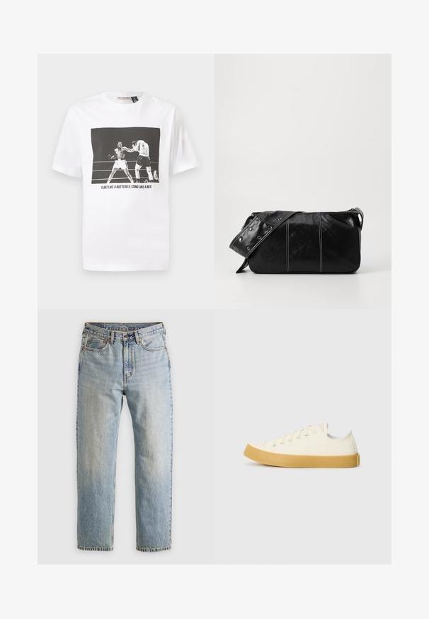 Tumši pelēks pūkains mētelis ar ribotu apkakli, pilnu rāvējslēdzēju un divām priekšējām kabatām. Kvadrātveida struktūra ar nedaudz saīsinātu siluetu.; Balts kokvilnas T-krekls ar melnbaltu grafiku, kurā attēloti divi bokseri un teksts "PELDO KĀ TAURIŅŠ, DODIES KĀ PUSE."; Gai zila denima bikses ar augstu jostasvietu, priekšējo pogu, rāvējslēdzēju un piecu kabatu dizainu, izlīdzinātas uz neitrāla fona.; Kanvasas tenisa apavi ofē un balta krāsā ar apaļu purngali, ar beicu gumijas zole un piecām acīm šņorēšanai, teksturēta virsma augšdaļā.; Melnas ādas plecu soma ar rāvējslēdzēja aizdari, ar teksturētu virsmu, baltu dūrienu un siksnu ar sudraba iekavām.