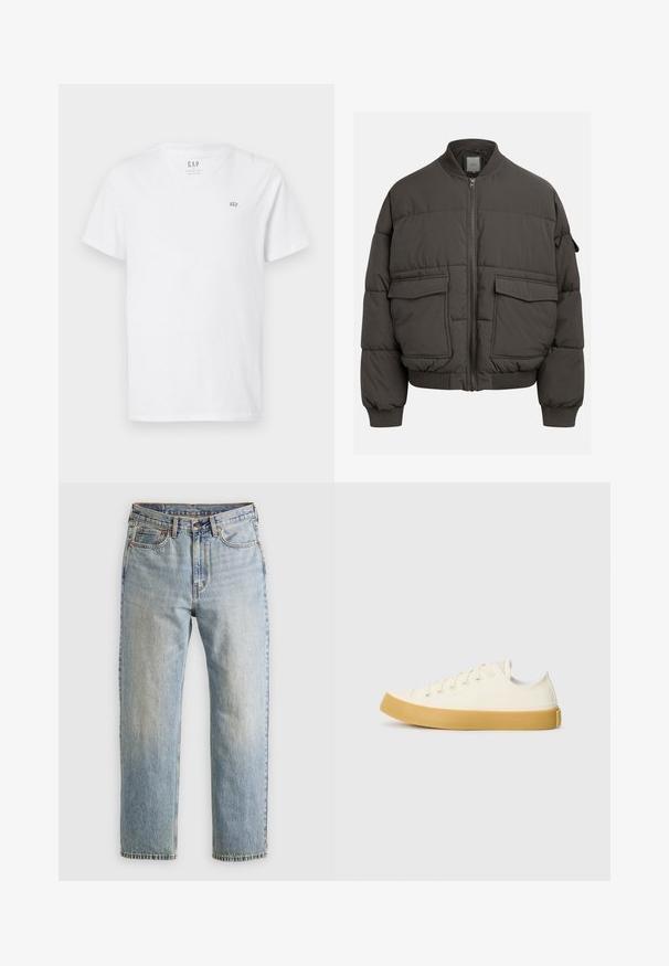 Oppustelig jakke i mørkegrå med ribbet krave, fuld lynlås og to for- lommer. Vatteret struktur med en let cropped silhuet.; Hvid bomulds-T-shirt med V-hals, korte ærmer og et lille broderet logo på den øverste venstre bryst. Glat tekstur.; Lysblå denim jeans med høj talje, frontknap, lynlås og fem-lomme design, lagt fladt på en neutral baggrund.; Læder sneakers i off-white med rund tå, der har beige gummisåler og fem øjer til snørebånd, struktureret finish på overdelen.