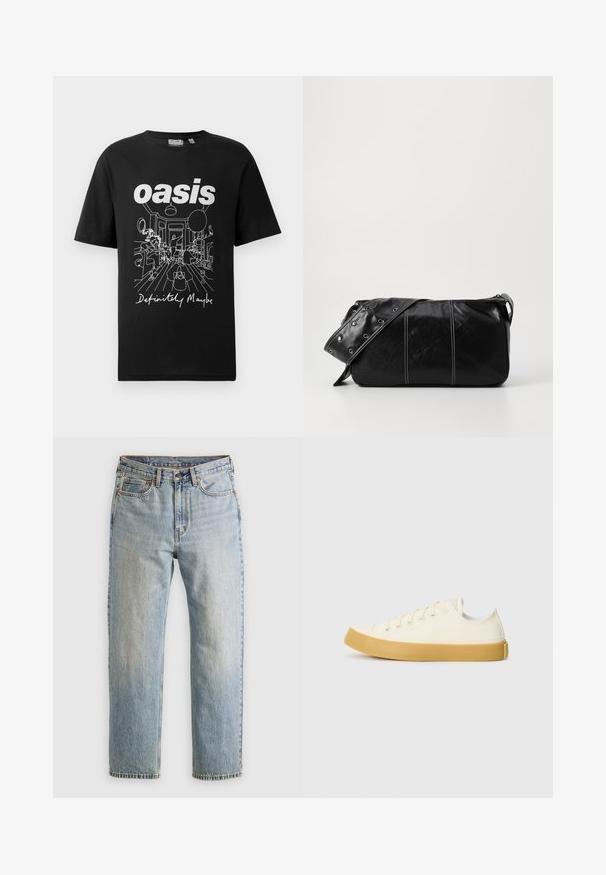 Donzen jas in donkergrijs met een geribbelde kraag, volledige rits en twee voorzakken. Gequilte textuur met een iets verkorte silhouette.; Zwarte katoenen T-shirt met witte grafische print van een kamertafereel met mensen, en tekst met de woorden "oase" en "Zeker Misschien" eronder.; Lichtblauwe denim jeans met hoge taille, frontknop, rits en vijfzakkenontwerp, plat gelegd op een neutrale achtergrond.; Canvas sneakers in off-white met een ronde neus, voorzien van beige rubberen zolen en vijf oogjes voor veters, met een gestructureerde afwerking op de bovenkant.; Zwarte leren schoudertas met een ritsluiting, voorzien van een gestructureerd lichaam, witte stiksels en een band met zilveren oogjes.