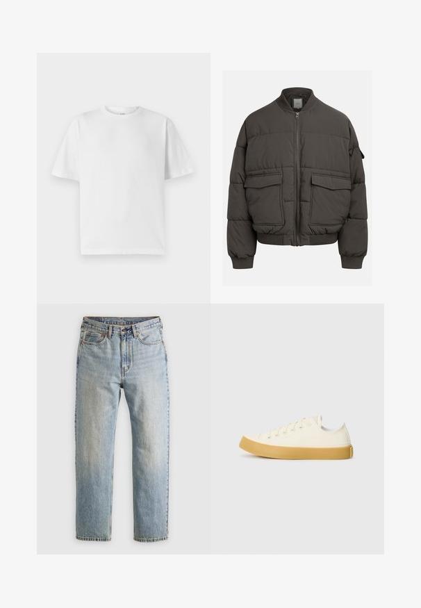 Puffer jacket in dark gray with a ribbed collar, full zip, and two front pockets. Quilted texture with a slightly cropped silhouette.; White cotton t-shirt with a crew neckline and short sleeves. Features a loose fit and a smooth texture. No visible patterns or graphics.; Light blue denim jeans with high waist, front button, zipper, and five-pocket design, laid flat on a neutral background.; Canvas sneakers in off-white with a round toe, featuring beige rubber soles and five eyelets for laces, textured finish on the upper.