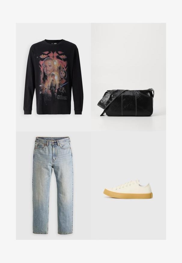 Puffer jacket in dark gray with a ribbed collar, full zip, and two front pockets. Quilted texture with a slightly cropped silhouette.; Black long-sleeve t-shirt featuring a colorful graphic print from "Star Wars: Episode I - The Phantom Menace" with various characters and details.; Light blue denim jeans with high waist, front button, zipper, and five-pocket design, laid flat on a neutral background.; Canvas sneakers in off-white with a round toe, featuring beige rubber soles and five eyelets for laces, textured finish on the upper.; Black leather shoulder bag with a zip closure, featuring a textured body, white stitching, and a strap with silver grommets.