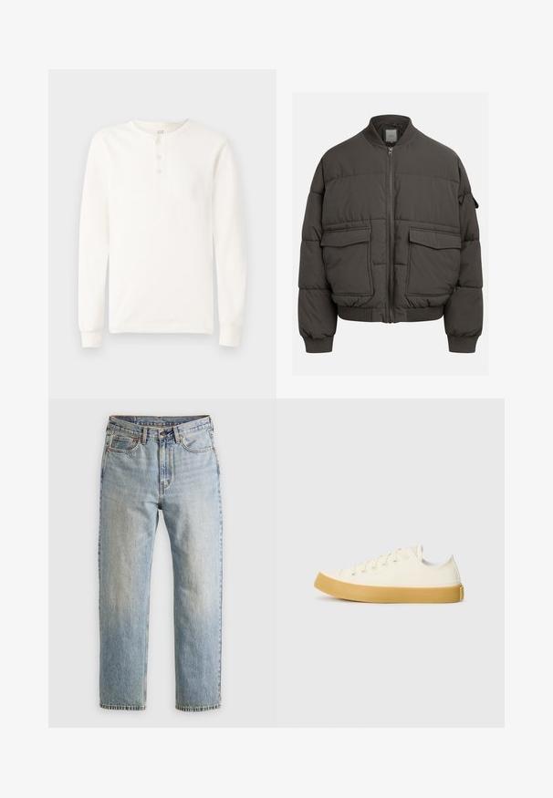 Puffjakke i mørkegrått med ribbet krage, hel glidelås og to frontlommer. Kviltet tekstur med en litt cropped silhuett.; Langermet hvit henley-skjorte med tre knapper og ribbestrikkede mansjetter, vist på en ensfarget lys bakgrunn.; Lys blå denim jeans med høy midje, frontknapp, glidelås og fem-lommers design, lagt flatt på en nøytral bakgrunn.; Canvas sneakers i off-white med rund tå, med beige gummisåler og fem hull for lisser, strukturert finish på overdelen.