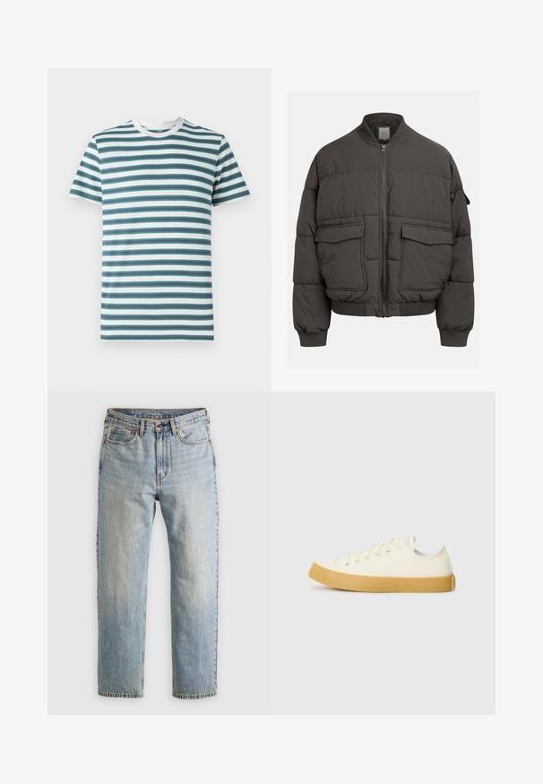 Oppustelig jakke i mørkegrå med ribbet krave, fuld lynlås og to for- lommer. Vatteret struktur med en let cropped silhuet.; Herre kortærmet t-shirt med horisontale striber i teal, marineblå og hvid. Blødt bomuldsstof med rund hals og kontrastfarvet krave.; Lysblå denim jeans med høj talje, frontknap, lynlås og fem-lomme design, lagt fladt på en neutral baggrund.; Læder sneakers i off-white med rund tå, der har beige gummisåler og fem øjer til snørebånd, struktureret finish på overdelen.