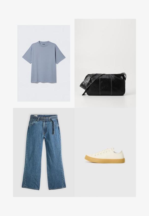 Puffer jacket in dark gray with a ribbed collar, full zip, and two front pockets. Quilted texture with a slightly cropped silhouette.; Light blue short-sleeve t-shirt made of smooth cotton with a rounded neckline and relaxed fit; features minimal stitching details.; Blue denim wide-leg jeans with attached belt, front pockets, and visible stitching on a plain light background.; Canvas sneakers in off-white with a round toe, featuring beige rubber soles and five eyelets for laces, textured finish on the upper.; Black leather shoulder bag with a zip closure, featuring a textured body, white stitching, and a strap with silver grommets.