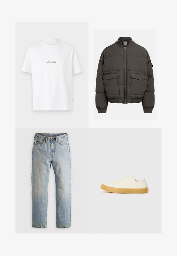 Puffer jacket in dark gray with a ribbed collar, full zip, and two front pockets. Quilted texture with a slightly cropped silhouette.; White cotton t-shirt with short sleeves, featuring a small black "Originals Studio" logo on the chest and a textured label on the hem.; Light blue denim jeans with high waist, front button, zipper, and five-pocket design, laid flat on a neutral background.; Canvas sneakers in off-white with a round toe, featuring beige rubber soles and five eyelets for laces, textured finish on the upper.