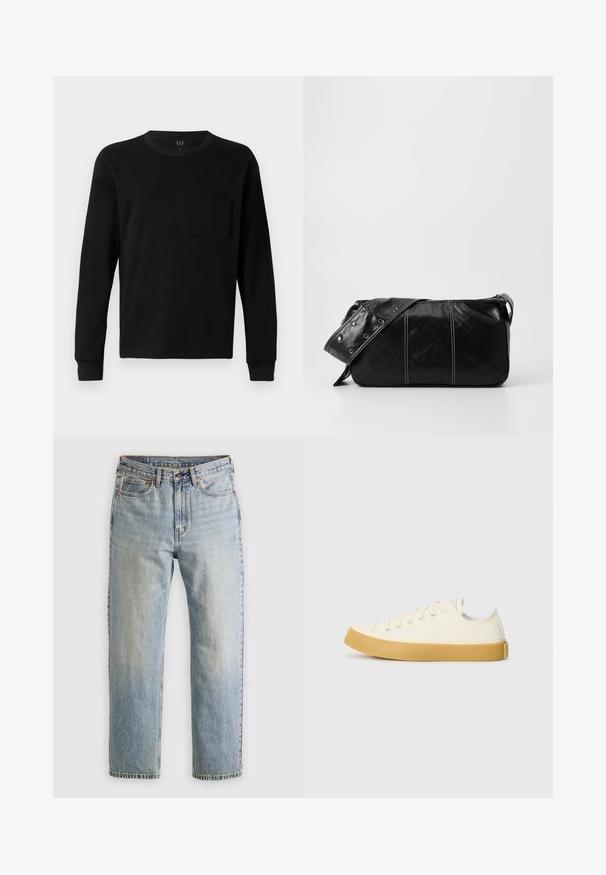 Casaco puffer em cinza escuro com gola canelada, fecho de correr completo e dois bolsos frontais. Textura acolchoada com uma silhueta ligeiramente encurtada.; T-shirt preto de manga longa, feito de algodão suave, com gola redonda, punhos canelados e um pequeno bolso no peito. Design minimalista.; Jeans de ganga azul claro com cintura alta, fecho frontal, zipper e design de cinco bolsos, dispostos de forma plana sobre um fundo neutro.; Sapatilhas de tela em off-white com biqueira redonda, apresentando solas de borracha bege e cinco ilhós para atacadores, acabamento texturizado na parte superior.; Bolsa de ombro em couro preto com fecho em zíper, apresentando um corpo texturizado, costura branca e uma alça com ilhós prateados.