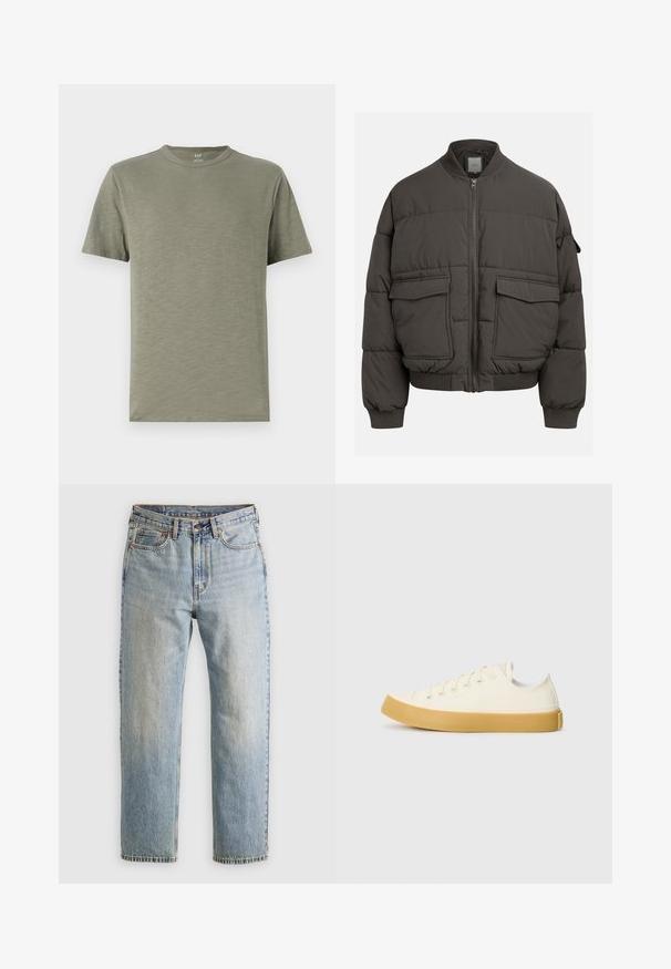Oppustelig jakke i mørkegrå med ribbet krave, fuld lynlås og to for- lommer. Vatteret struktur med en let cropped silhuet.; Oliven grøn bomulds t-shirt med rund halsudskæring, korte ærmer og en blød, glat tekstur. Enkel design uden mønstre eller accenter.; Lysblå denim jeans med høj talje, frontknap, lynlås og fem-lomme design, lagt fladt på en neutral baggrund.; Læder sneakers i off-white med rund tå, der har beige gummisåler og fem øjer til snørebånd, struktureret finish på overdelen.