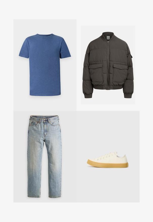Puffer jacket in dark gray with a ribbed collar, full zip, and two front pockets. Quilted texture with a slightly cropped silhouette.; Blue short-sleeve t-shirt made of a textured fabric. Features a classic crew neck and a relaxed fit, with no visible patterns or accents.; Light blue denim jeans with high waist, front button, zipper, and five-pocket design, laid flat on a neutral background.; Canvas sneakers in off-white with a round toe, featuring beige rubber soles and five eyelets for laces, textured finish on the upper.