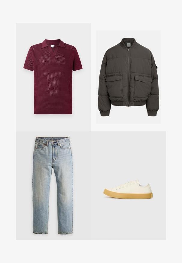 Oppustelig jakke i mørkegrå med ribbet krave, fuld lynlås og to for- lommer. Vatteret struktur med en let cropped silhuet.; Bordeaux kortærmet polo-shirt med tekstureret åben væv, har V-hals og en struktureret krave, lavet af let strikket materiale.; Lysblå denim jeans med høj talje, frontknap, lynlås og fem-lomme design, lagt fladt på en neutral baggrund.; Læder sneakers i off-white med rund tå, der har beige gummisåler og fem øjer til snørebånd, struktureret finish på overdelen.