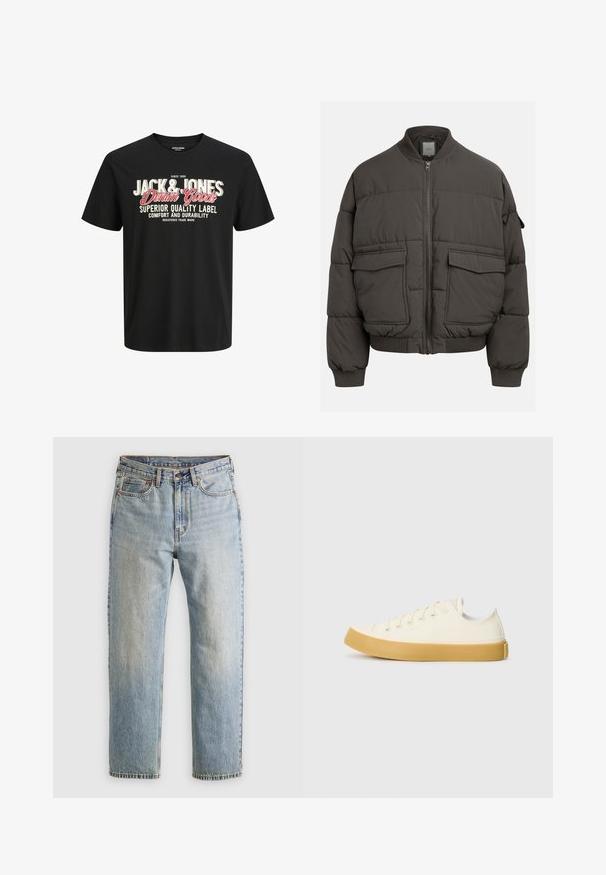 Casaco puffer em cinza escuro com gola canelada, fecho de correr completo e dois bolsos frontais. Textura acolchoada com uma silhueta ligeiramente encurtada.; Camiseta de algodão preta com decote em crew. Apresenta letras em negrito brancas e vermelhas: "JACK & JONES Denim Goods" e "Superior Quality Label."; Jeans de ganga azul claro com cintura alta, fecho frontal, zipper e design de cinco bolsos, dispostos de forma plana sobre um fundo neutro.; Sapatilhas de tela em off-white com biqueira redonda, apresentando solas de borracha bege e cinco ilhós para atacadores, acabamento texturizado na parte superior.