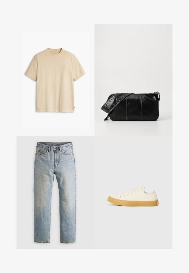 Tamsiai pilkas pūkinis švarkas su raukšlėta apykakle, pilnu užtrauktuku ir dviem priekinėmis kišenėmis. Siūtas raštas su šiek tiek pasiekta siluetu.; Kreminė medvilninė marškinėliai su apvalia iškirpte ir trumpomis rankovėmis. Ant krūtinės yra subtilus „Levi's“ logotipas tos pačios spalvos. Minkšta tekstūra.; Šviesiai mėlynos džinsinės kelnės su aukštu liemeniu, priekyje mygtukas, užtrauktukas ir penkių kišenių dizainas, išklotos ant neutralios fono.; Oficio drobės sneakeriai baltai kreminės spalvos, su apvaliu galiuku, su smėlio spalvos guminiais padais ir penkiomis skylėmis raištams, turintys tekstūruotą viršutinę dalį.; Juodas odinis pečių krepšys su užtrauktuku, turintis tekstūruotą paviršių, baltą siuvinėjimą ir dirželį su sidabinėmis metalinėmis detalėmis.