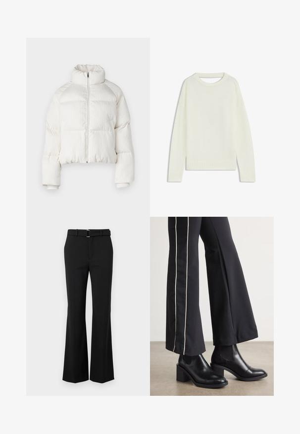 Veste courte en duvet blanche avec texture côtelée verticale, col haut, fermeture éclair à l'avant et poignets élastiques. Comprend des poches latérales.; Pull crème clair avec un col rond, des manches longues, un ourlet côtelé et une texture douce. Aucun motif ni détail métallique visible.; Pantalons évasés noirs avec une texture lisse, dotés d'une taille ajustée et d'une ceinture avec une boucle en métal argenté. Design épuré sans motifs visibles.; Bottines en cuir Noir avec un talon bloc, dotées de panneaux élastiques sur les côtés. Associées à un pantalon noir avec une rayure blanche sur le côté.