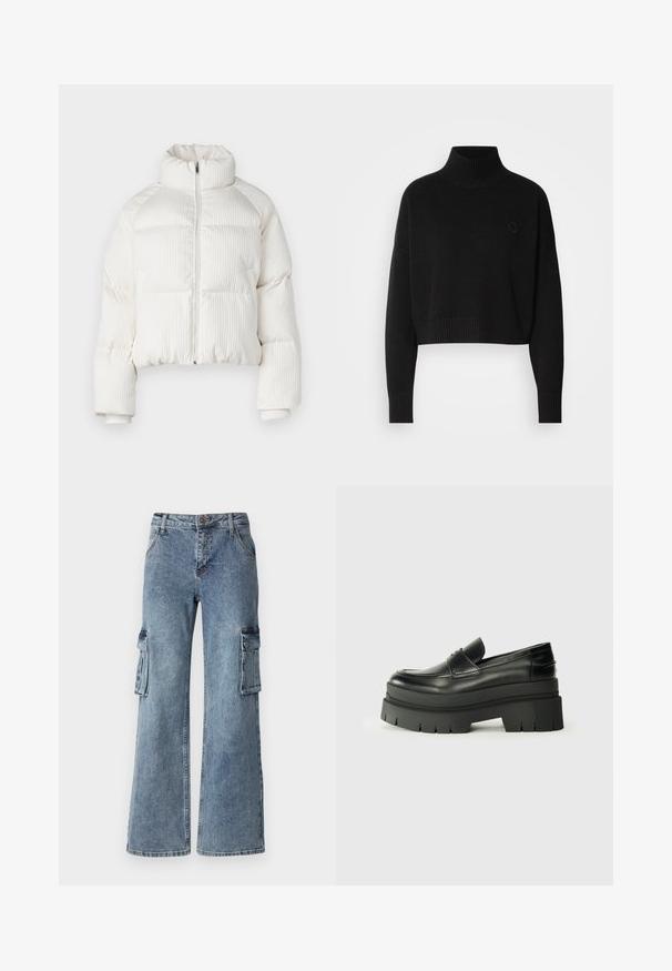 Bílá zkrácená péřovka s vertikálním žebrovaným texturou, vysokým límcem, předním zipem a elastickými manžetami. Má boční kapsy.; Černý zkrácený svetr, žebrovaný rolák, dlouhé rukávy, pletená textura, s malým logem na hrudi.; Široké modré denimové cargo kalhoty se bočními kapsami, zapínáním na knoflík a poutky na pásek. Tkanina má světlý ombré efekt s jemným vyblednutím.; Černé kožené loafers s robustní platformovou podrážkou. Kulatá špička, přední šev a jemné akcenty prošití. Plochá, texturovaná podrážka.