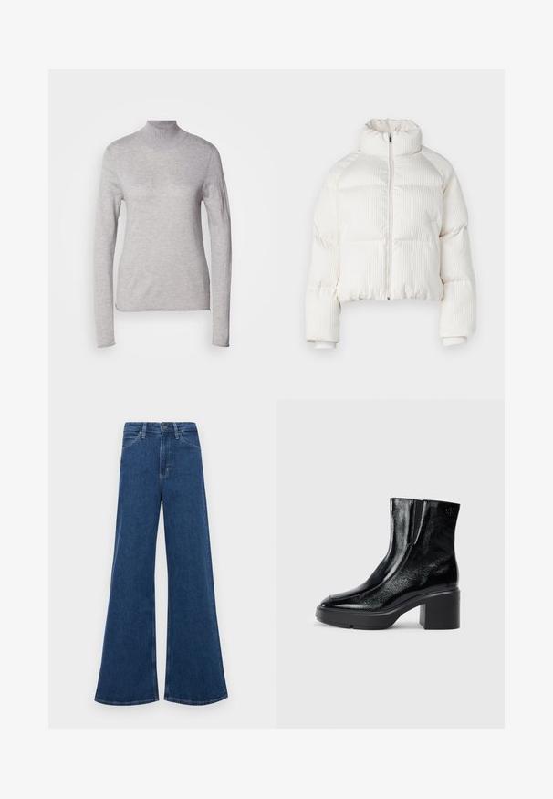 Fehér, rövidített puffermellény függőleges bordás textúrával, magas gallérral, elöl cipzárral, és elasztikus mandzsettákkal. Oldalsó zsebekkel rendelkezik.; Világosszürke garbó, hosszú ujjú, puha kötött anyagból készült. Testhezálló kialakítással és bordás nyakkal rendelkezik. Sima textúrájú.; Kék farmerből készült, bővülő szárú, magas derekú farmernadrág, öt zsebbel, gombos záródással és kontrasztos varrásokkal az összehúzott részeknél.; Fekete lakkbőr bokacsizma ívelt orral, elasztikus oldalpanelek és vastag blokk sarkal. A hátsó részen dombornyomott logó található.