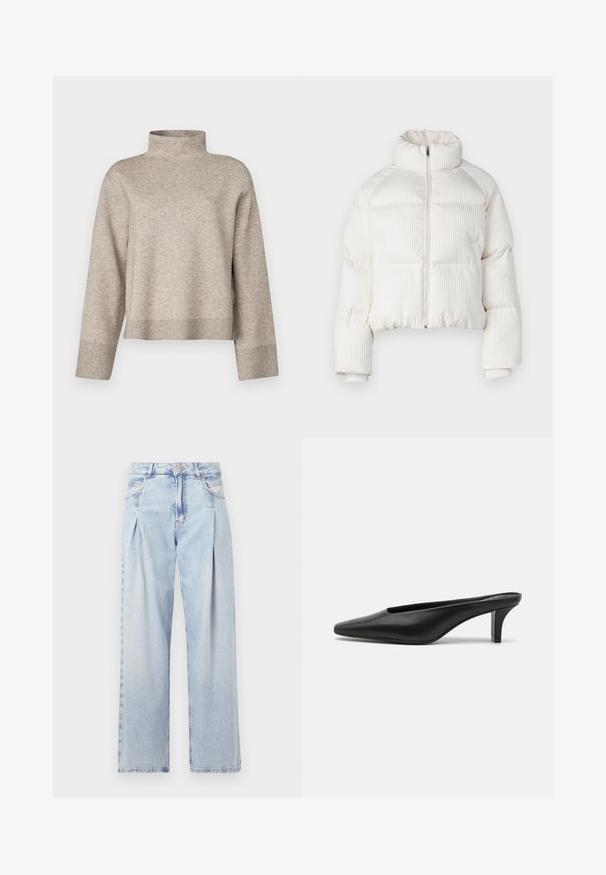 Valge lühikeste varrukatega puffjakker, millel on vertikaalne ribakujundus, kõrge krae, eesne lukuga kinnitus ja elastsed mansetid. Omab küljetaskuid.; Beige kõrge kaelusega sviiter, mis on valmistatud pehmest, kudumisest kangast. Omab lühendatud disaini, pikki varrukaid ning soonikkoes mansette ja hemmi.; Heledad sinise denimist valmistatud teksapüksid kõrge vöökohaga, laia jala lõikega, kahe külje taskuga ja pleedi disainiga. Pehme tekstuur ja pleekinud viimistlus.; Mustadast mustad nahast teravatipulised mules madala stilletokontsaga. Sile tekstuur, minimalistlik disain ja avatud selg mugavaks selga panemiseks.