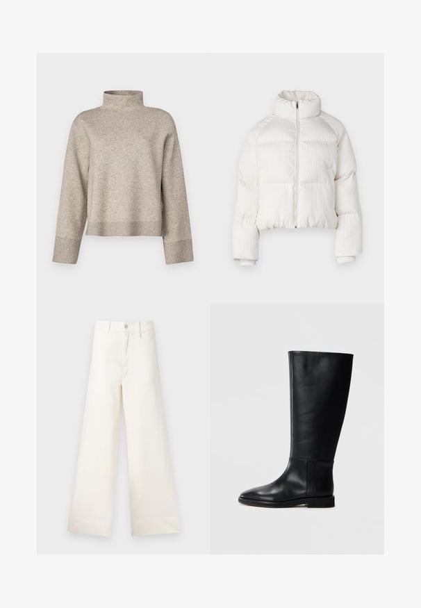 Bijela skraćena puffer jakna s vertikalnom rebrastom teksturom, visokim ovratnikom, prednjim zatvaranjem na zip i elastičnim manžetama. Ima bočne dzepove.; Bež turtleneck pulover napravljen od mekane, pletene tkanine. Ima skraćeni dizajn, duge rukave i rebraste manžetne i donji rub.; Hlače širokih nogavica u svijetloj bež pamučnoj tkanini. Imaju visoki struk, prednje džepove i ravni kroj. Čista obruba bez uzoraka.; Crne kožne čizme do koljena s zaobljenim vrhom, glatkom teksturom, minimalističkim dizajnom i ravnim đonom. Jednostavni šavovi na vertikalnom dijelu.