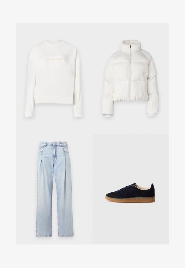 White cropped puffer jacket with vertical ribbed texture, high collar, front zip closure, and elastic cuffs. Features side pockets.; White sweatshirt made of soft fabric, featuring a round neckline, long sleeves, and "Barbour International" logo in light pink.; Light blue denim jeans with a high waist, wide-leg cut, two side pockets, and pleated design feature. Soft texture with a faded finish.; Navy suede sneaker with a gum rubber sole, blue laces, and minimalist design. Features embossed logo on the side and smooth inner lining.