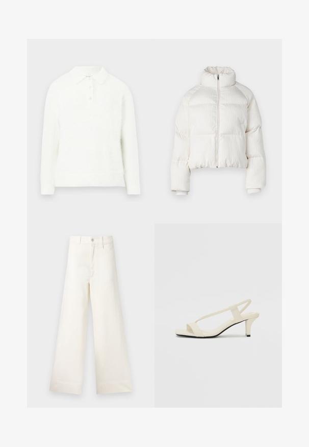 Weißer, gekürzter Pufferjacke mit vertikaler gerippter Textur, hohem Kragen, Frontreißverschluss und elastischen Bündchen. Mit seitlichen Taschen.; Weißer, flauschiger Pullover mit Kragen, Drei-Knopf-Verschluss, langen Ärmeln und weicher Textur. Schlichtes Design ohne sichtbare Muster.; Weite Hosen aus hellem beigen Baumwollstoff. Mit hoher Taille, vorderen Taschen und geradem Schnitt. Saubere Saumverarbeitung ohne Muster.; Beige Blockabsatzsandalen mit dünnen Riemen und quadrater Spitze. Glattes Material mit minimalem Design, entworfen für einfaches Tragen.