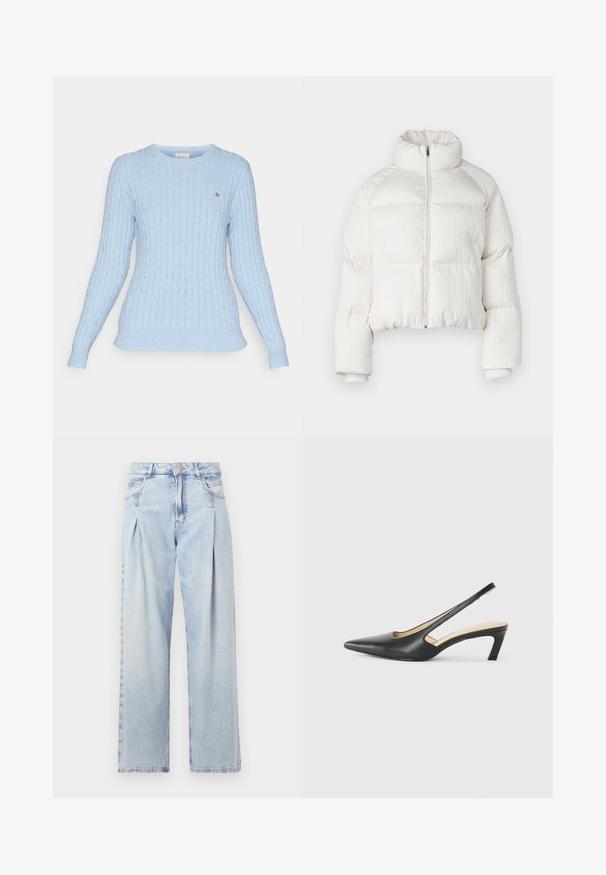 Balta trumpa pūkinė striukė su vertikaliu raukšlėtu paviršiumi, aukštu apykakle, priekyje užtrauktuku ir elastingais rankogaliais. Su šoninėmis kišenėmis.; GANT CABLE C NECK - Džemperis - dove blue; Šviesiai mėlyni džinsai su aukštu liemeniu, plačiomis kojomis, dviem šoninėmis kišenėmis ir raukinių dizainu. Minkšta tekstūra su nudilusia apdaila.; Juodas smailus slingback batelis su žemu kulnu, pagamintas iš lygaus odos paviršiaus ir su išpjovomis šone, užtikrinančiomis oro pralaidumą.