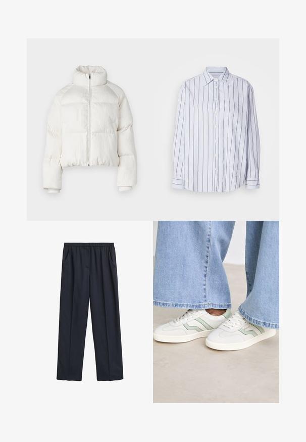Jachetă puffer albă, scurtă, cu textură verticală și cordon înalt, închidere frontală cu fermoar și manșete elastice. Include buzunare laterale.; Cămașă albă cu dungi verticale înguste bleumarin, cu închidere prin butoane, guler ascuțit, mâneci lungi cu manșete cu butoane, material moale, croială lejeră.; Pantaloni largi navy cu talie elastică, două buzunare laterale, textură moale a materialului și un design fluid.; Adidași albaștri cu accente verde deschis, din piele texturată, și talpă din cauciuc plat. Asortați cu pantaloni din denim cu croială largă.